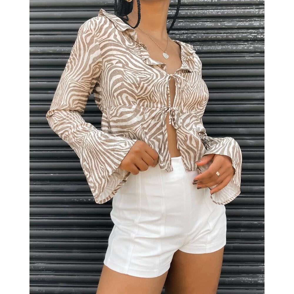 Showpo Dillie zebra print ruffle tie front bell sleeve blouse top women's 4